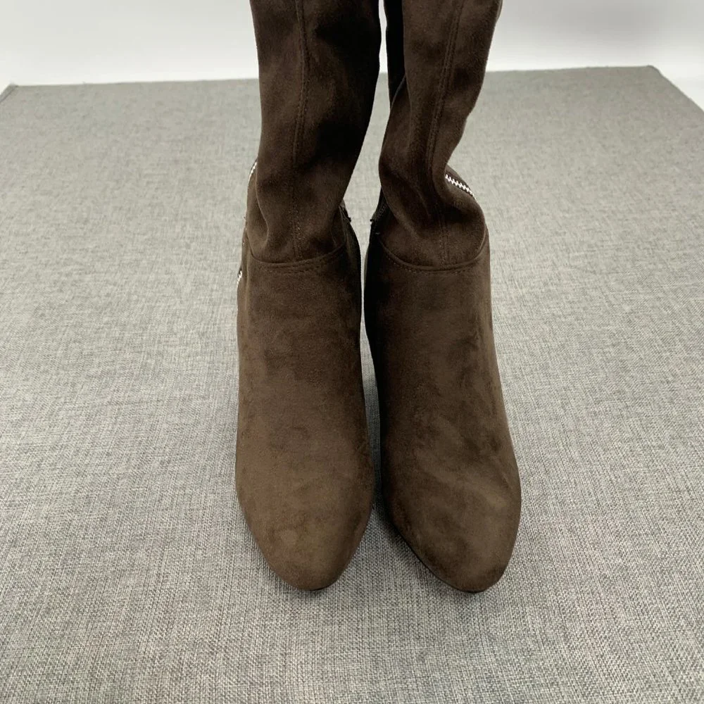 Shoe Dazzle Over The Knee Sexy Suede‎ Boots Brown Zipper Block 3.25